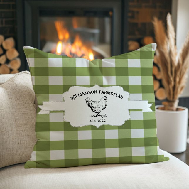 Groene Buffel Plaid Boerderij Kip Sierkussen (Green Buffalo Plaid Farm Chicken Throw Pillow)