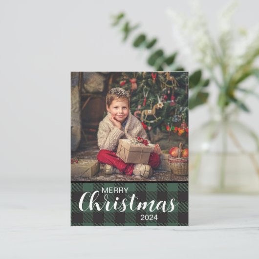 Groene Buffel Plaid Foto Vrolijk Kerstfeest 2024 Briefkaart (Staand voorkant)