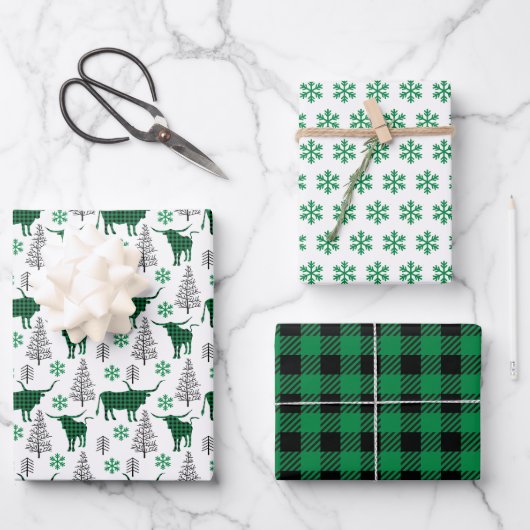 Groene Buffel Plaid Longhorn Patroon Inpakpapier Vel (Voorkant)