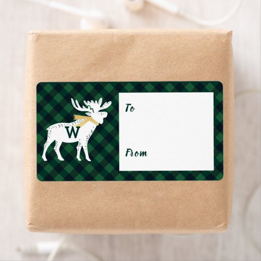 Groene Buffel Plaid Moose Monogram Kerst Etiket (Insitu)
