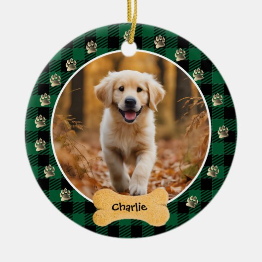Groene Buffel Plaid Patroon Gouden Pet Print Famil Keramisch Ornament (Voorkant)