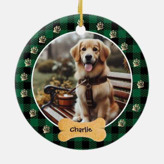 Groene Buffel Plaid Patroon Gouden Pet Print Famil Keramisch Ornament (Achterkant)