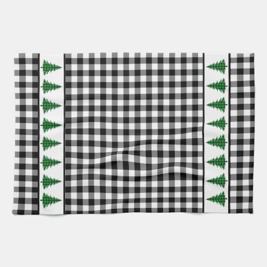 Groene buffelboom op zwarte en witte controles theedoek (Horizontaal)