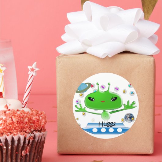 Groene buitenruimtetuigen met ruimtevaartuig ronde sticker (Feest)