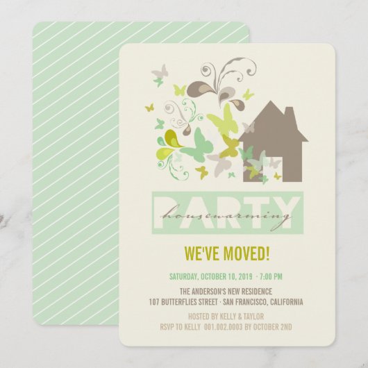 Groene Butterflies Burst House Warming Party nodig Kaart (Voorkant / Achterkant)