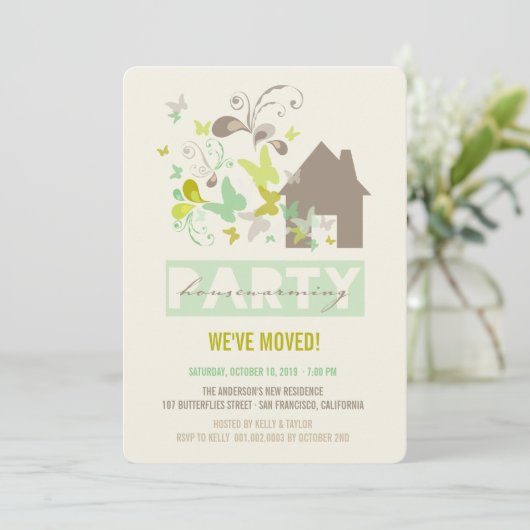 Groene Butterflies Burst House Warming Party nodig Kaart (Staand voorkant)