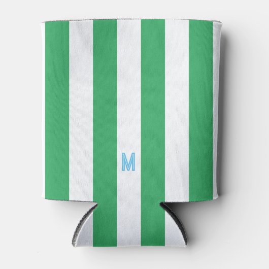 Groene Cabana Stripe & Aangepast Blauw Monogram Blikjeskoeler (Voorkant)