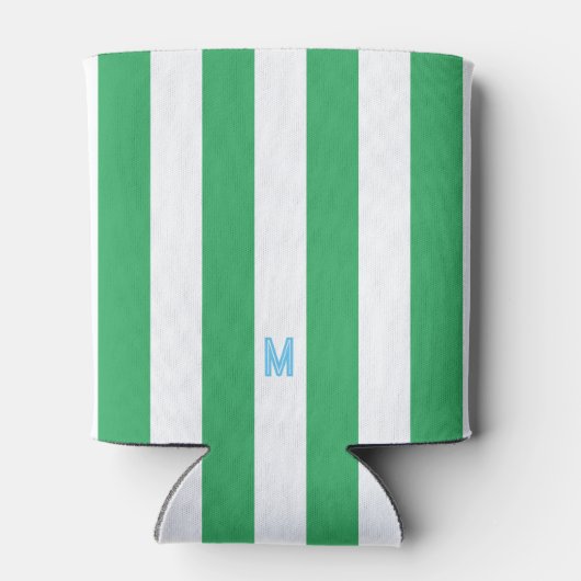 Groene Cabana Stripe & Aangepast Blauw Monogram Blikjeskoeler (Achterkant)