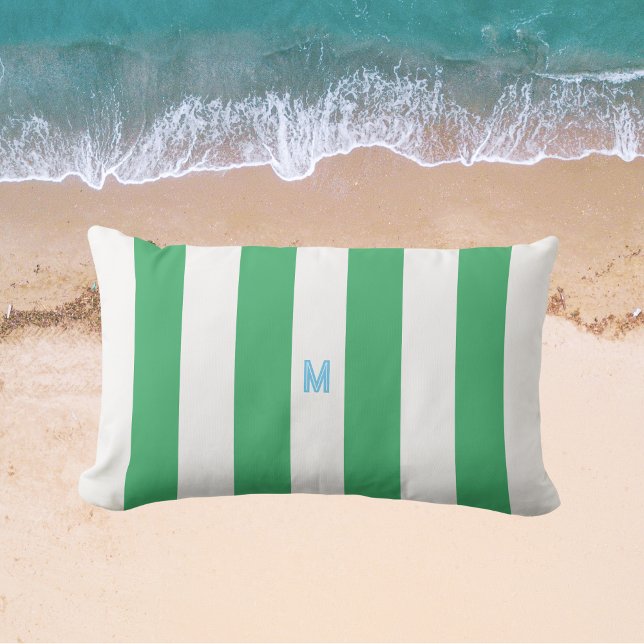 Groene Cabana Stripe & Aangepast Blauw Monogram Buitenkussen (Creator heeft geüpload)