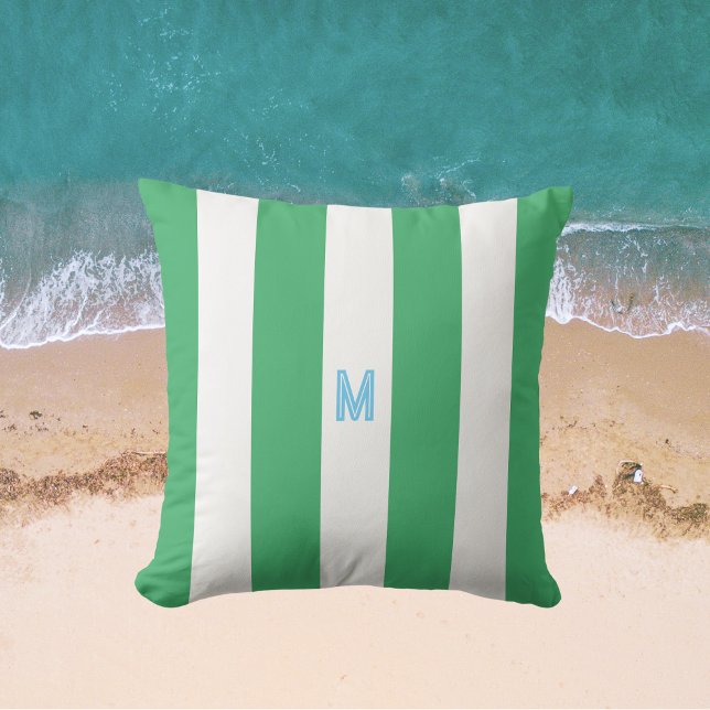 Groene Cabana Stripe & Aangepast Blauw Monogram Buitenkussen (Creator heeft geüpload)
