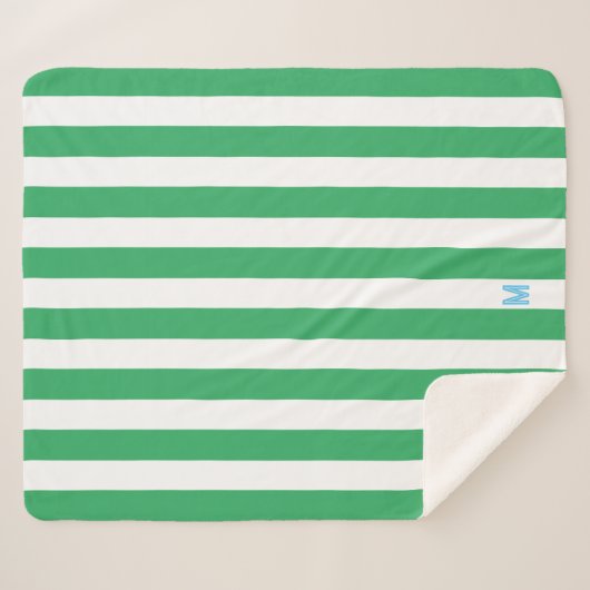 Groene Cabana Stripe & Aangepast Blauw Monogram Sherpa Deken (Voorkant (horizontaal))