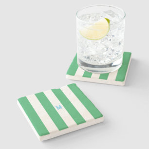 Groene Cabana Stripe & Aangepast Blauw Monogram Stenen Onderzetter