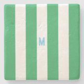 Groene Cabana Stripe & Aangepast Blauw Monogram Stenen Onderzetter (Voorkant)