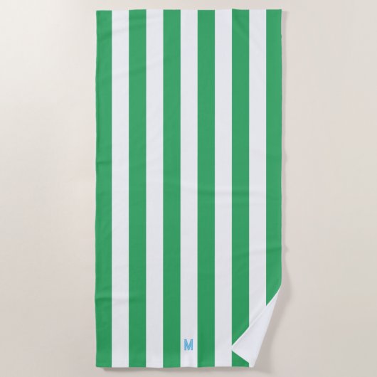 Groene Cabana Stripe & Aangepast Blauw Monogram Strandlaken (Voorkant)