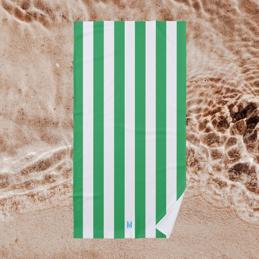 Groene Cabana Stripe & Aangepast Blauw Monogram Strandlaken