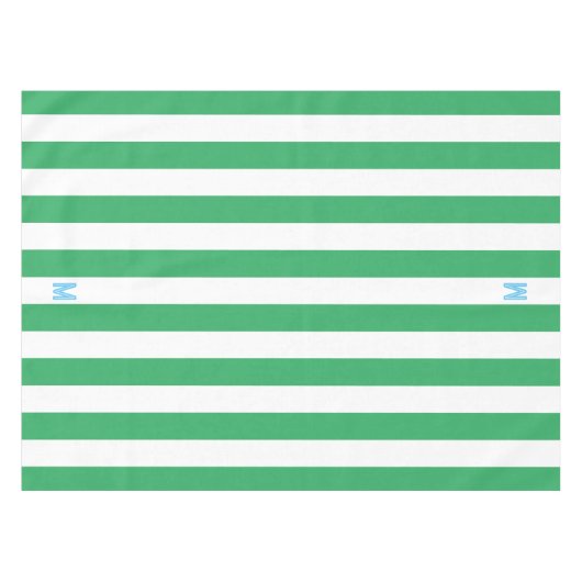 Groene Cabana Stripe & Aangepast Blauw Monogram Tafelkleed (Voorkant (Horizontaal))