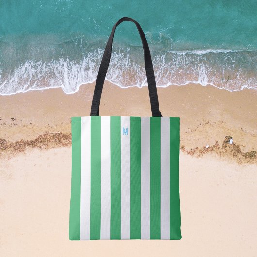Groene Cabana Stripe & Aangepast Blauw Monogram Tote Bag