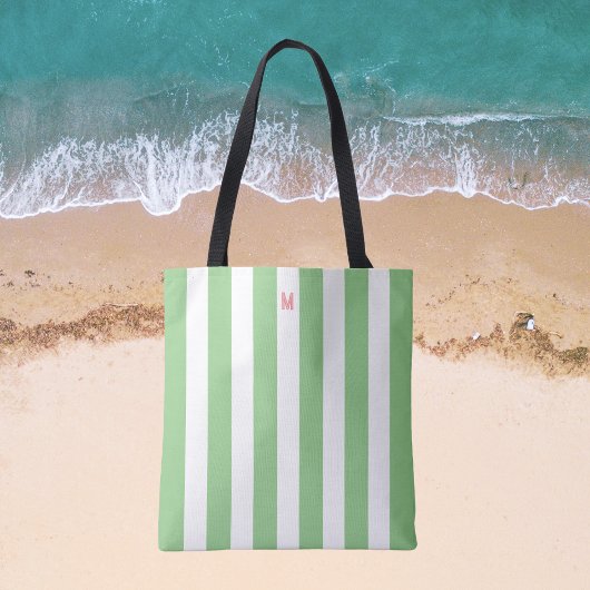 Groene Cabana Stripe en gepersonaliseerd roze mono Tote Bag