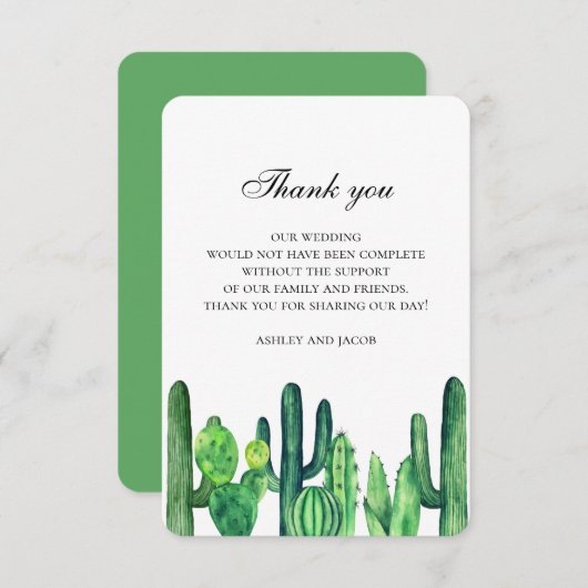 Groene cactus bedankt. Cacti huwelijksbriefje Notitiekaartje (Voorkant / Achterkant)