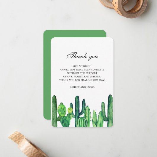 Groene cactus bedankt. Cacti huwelijksbriefje Notitiekaartje (Voorkant / Achterkant in situ)