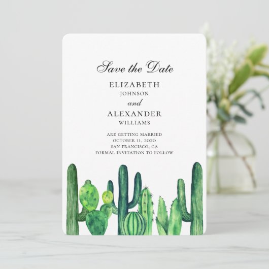 Groene cactus bespaart de datum. Summer bruiloft c Save The Date (Staand voorkant)