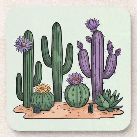 Groene Cactus Bloemen Onderzetter Set (Voorkant)