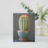 Groene Cactus in een Blauwgroen keramische potfoto Briefkaart (Staand voorkant)