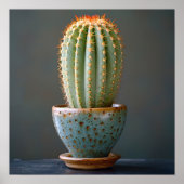 Groene Cactus in een Blauwgroen keramische potfoto Poster (Voorkant)