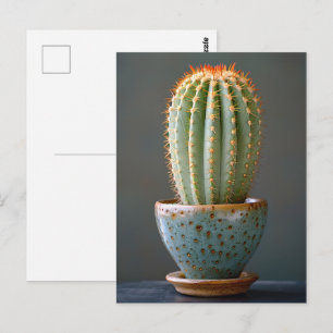 Groene Cactus in een Teal Keramische Pot Fotografi Briefkaart