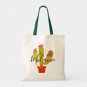 Groene cactus met roze bloemen, aangepaste naam tote bag