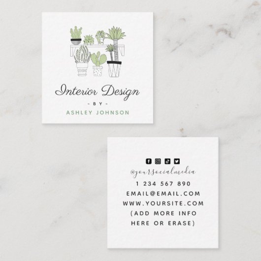 Groene Cactus Succulent House Plant Interior Desig Vierkante Visitekaartje (Voorkant / Achterkant)