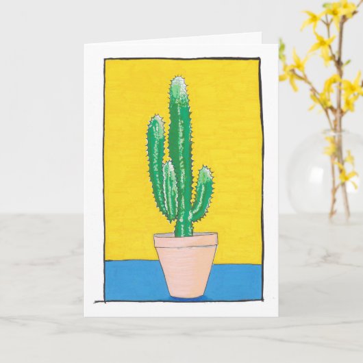 Groene Cactus tekening, eenvoudig, modern, Kaart (Gele Bloem)