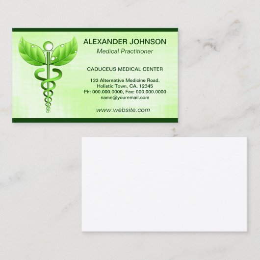 Groene Caduceus Alternatieve Geneeskunde Licht Sta Visitekaartje (Voorkant / Achterkant)