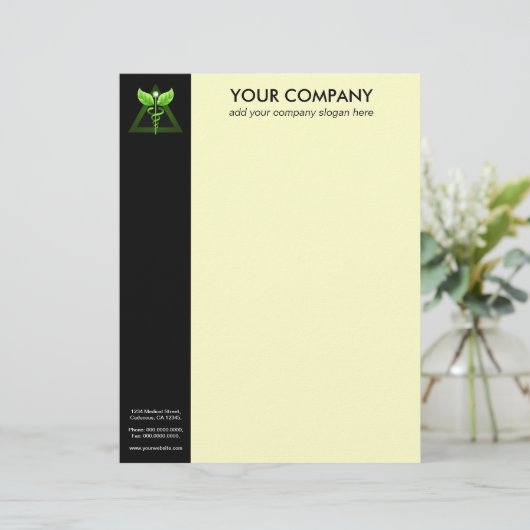 Groene Caduceus Alternatieve Geneeskunde Zwart Crè Briefhoofd Ontwerp (Staand voorkant)