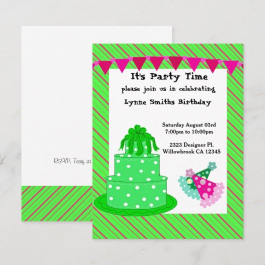 Groene Cake and Party Petten Birthday Invitation Kaart (Voorkant / Achterkant)