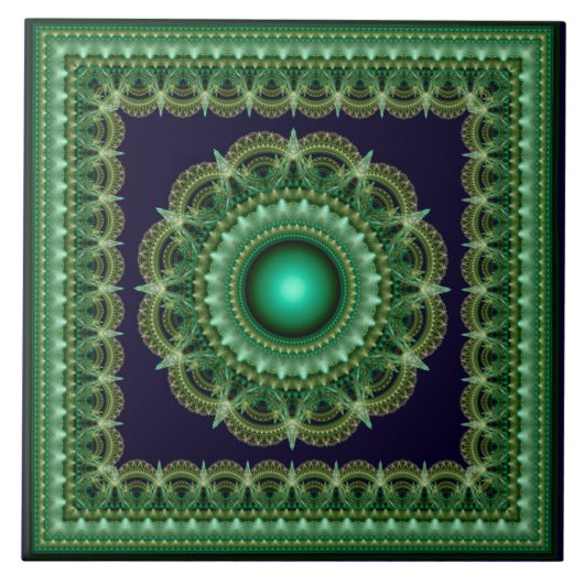 Groene caleidoscopische fractale omlijst ornament tegeltje (Voorkant)