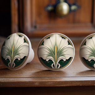 Groene Calla Lily Goud Art Nouveau Keramische Knop