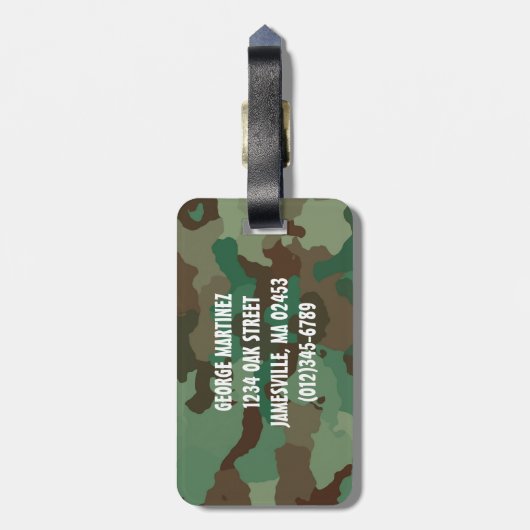 Groene Camo Bagagelabel met wit monogram (Achterkant verticaal)