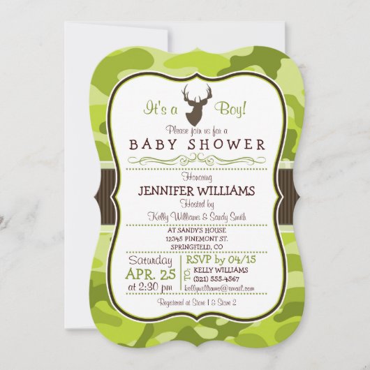 Groene Camo met Buck; Jongen Baby shower Uitnodigi Kaart (Voorkant)
