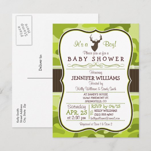 Groene Camo met Buck; Jongen Baby shower Uitnodigi Uitnodiging Briefkaart (Voorkant / Achterkant)
