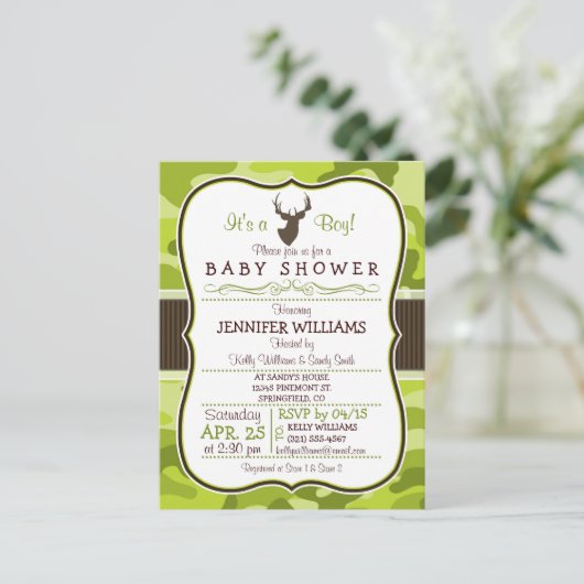 Groene Camo met Buck; Jongen Baby shower Uitnodigi Uitnodiging Briefkaart (Staand voorkant)