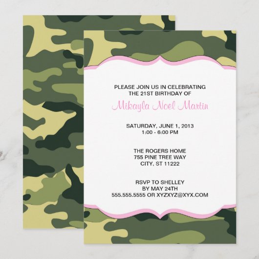 Groene Camo met lichtroze Birthday Party nodigt ui Kaart (Voorkant / Achterkant)