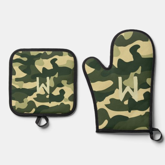 Groene Camouflage Monogram Camping Pensioen Ovenwant & Pannenlap Set (Voorkant)