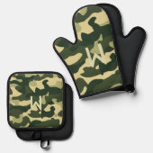 Groene Camouflage Monogrammed Camping Pensioen Ovenwant & Pannenlap Set (Voorkant / Achterkant)