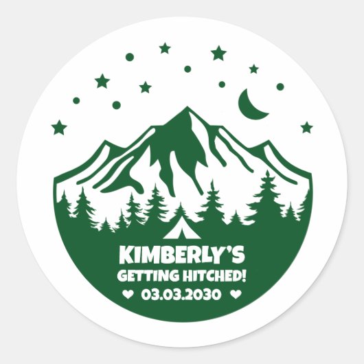 Groene Camping Thema Bachelorette Feestje Ronde Sticker (Voorkant)