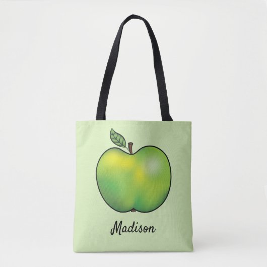 Groene Cartoon Apple Fruit met eigen naam Tote Bag (Voorkant)