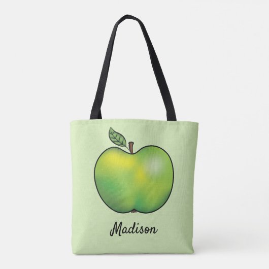 Groene Cartoon Apple Fruit met eigen naam Tote Bag (Achterkant)