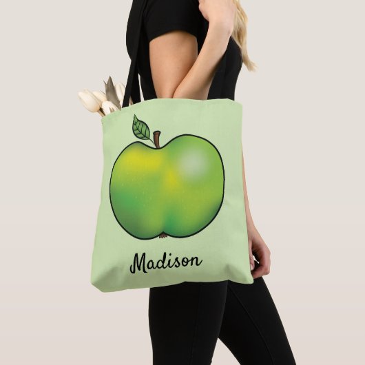Groene Cartoon Apple Fruit met eigen naam Tote Bag (Dichtbij)