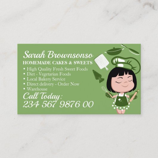 Groene Cartoon Gerle Bakkerij Cake Pastry Koken Visitekaartje (Voorkant)