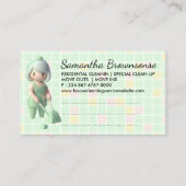 Groene Cartoon Janitorial Lady Schoonmaak Afspraak Visitekaartje (Achterkant)